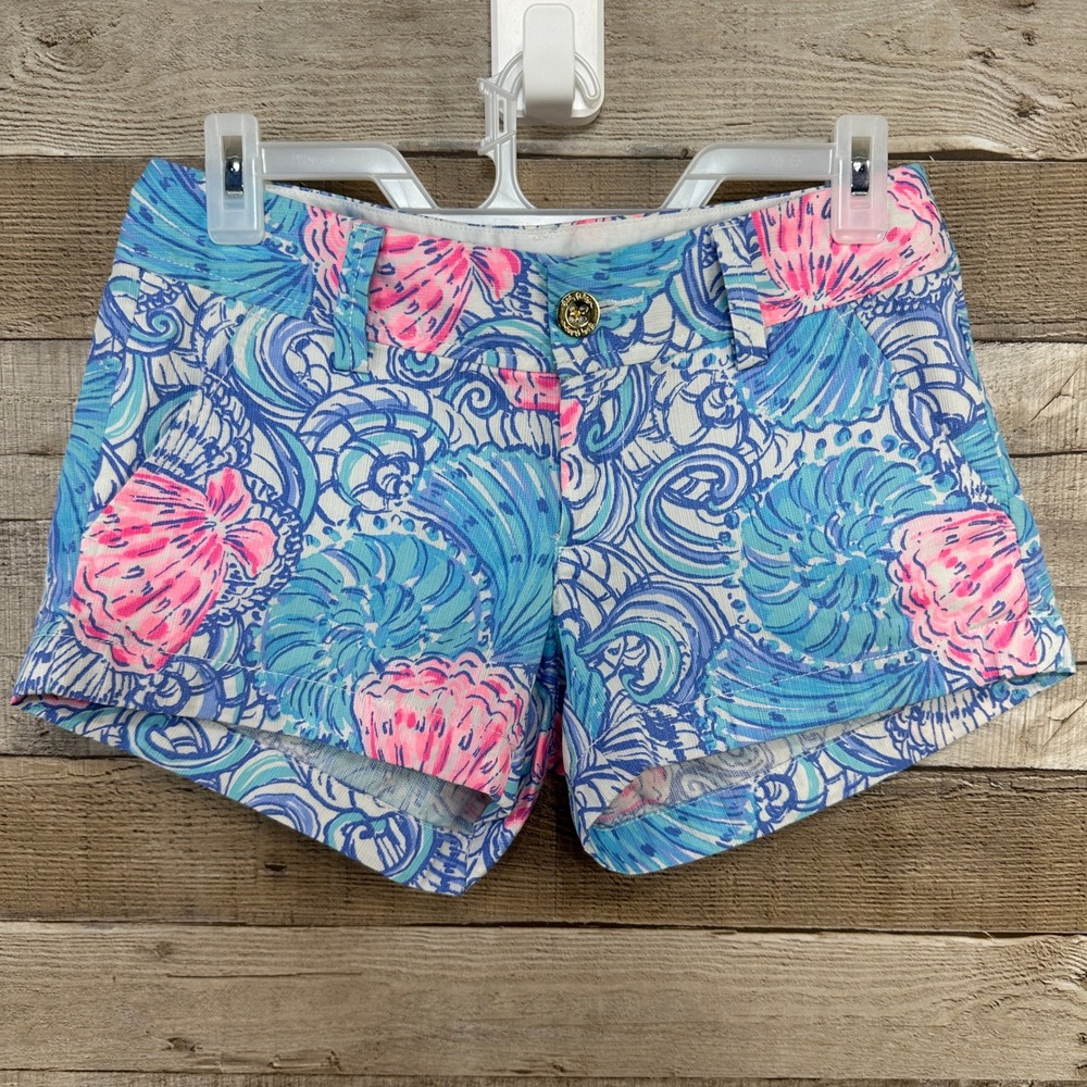 Lilly Pulitzer Walsh Blue Haven‎ Rousing Shell Micro Shorts Size 00 Pink Blue